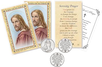 Trendzeen Serenity Prayer Card Laminated Cardstock - Serenity Pocket Token, The Lords Prayer - Bulk Set of Double Sided Catholic Cards and Tokens - 7 Items