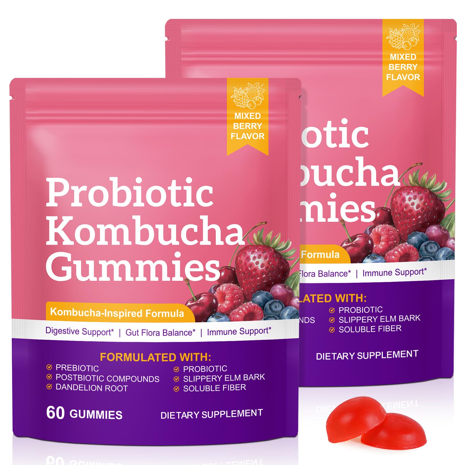 Tiuedu Probiotic Kombucha Gummies, Prebiotic, Probiotic & Postbiotic Blend for Gut Health, Digestive Support with Fiber, Slippery Elm & Dandelion Root, Immune Support, Berry Flavor, 2Bag 60 Count (Pack of 2)