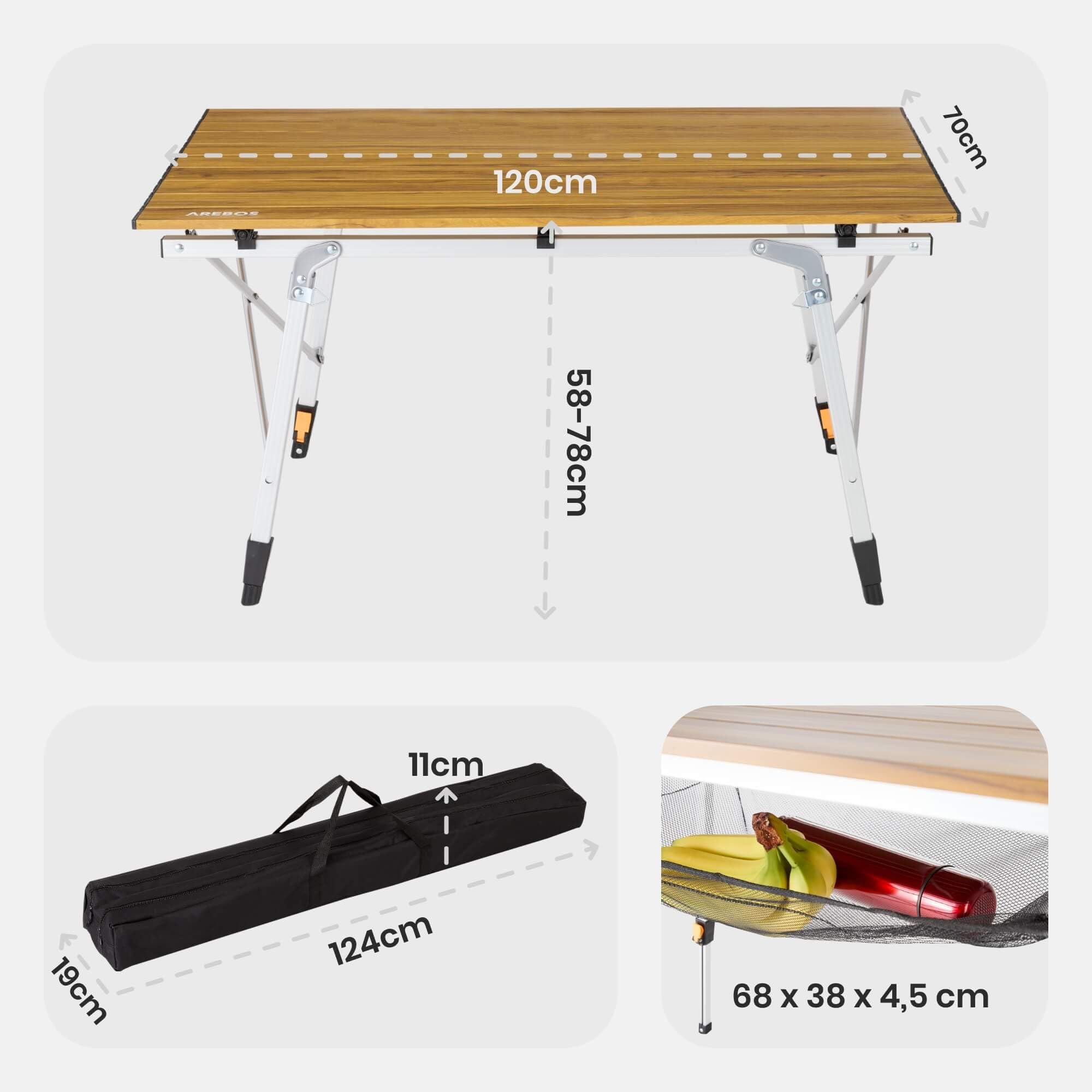 Arebos Mesa de Camping Plegable 120 x 70 cm, Altura Regulable (58-78 cm), Accesorios para Camping, Jardín, Barbacoa, Picnic, Incluye Bolsa de Transporte | Marrón