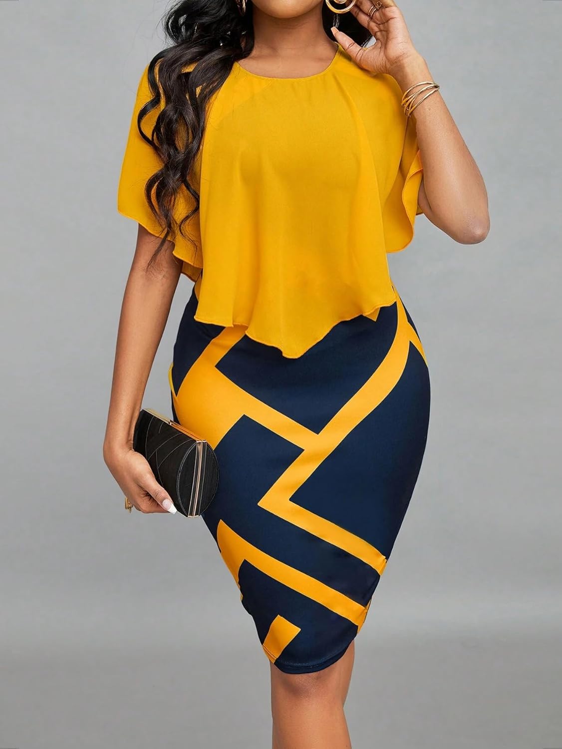 Yajedo Womens Retro Bodycon Midi Dresses Sexy Mesh Lace Cape Sleeve V Neck Print Work Church Pencil Dress - Image 4