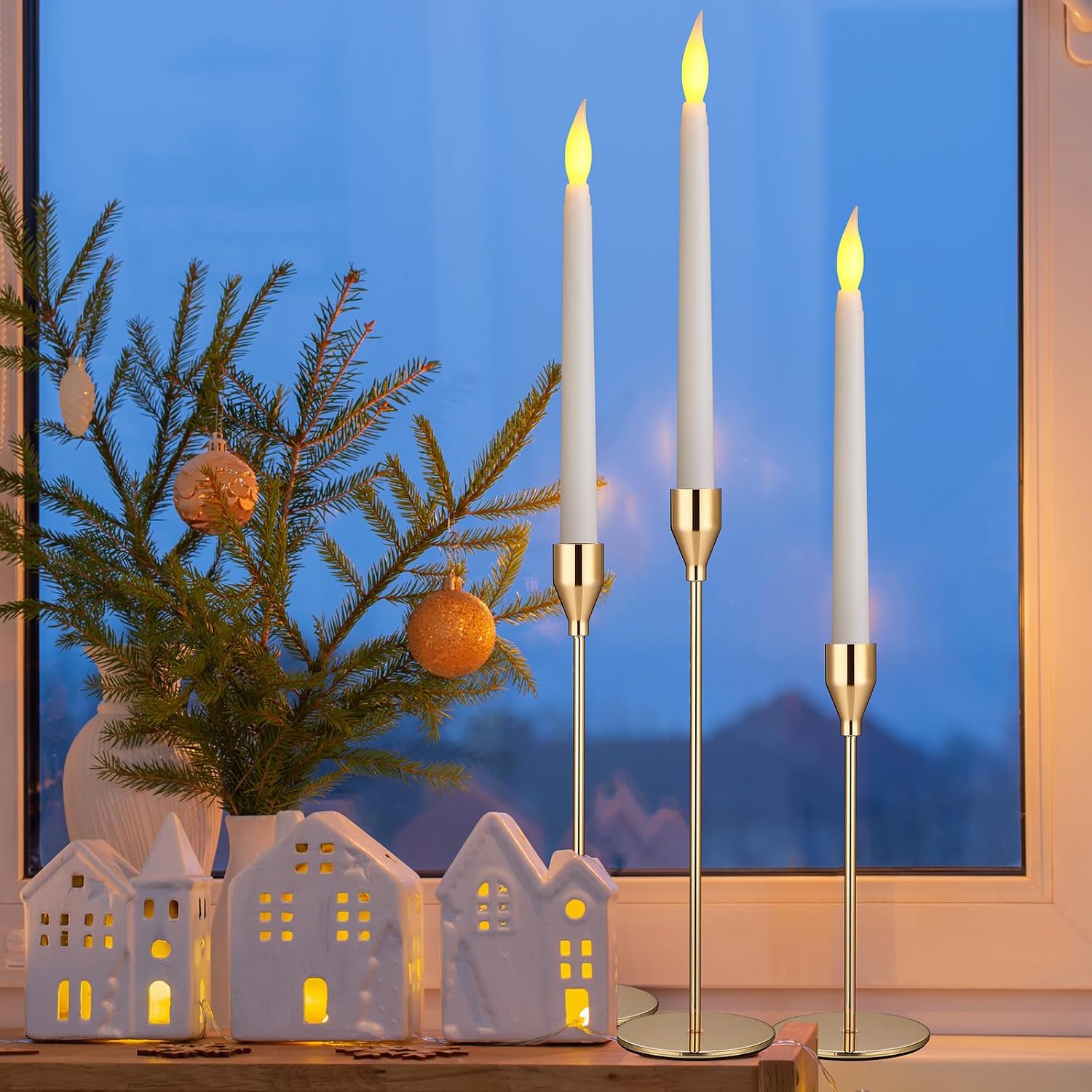 Aurelema 12 Sets Taper Candle Holder for Christmas, Candlestick Holders Taper Flameless LED Candles Set for Wedding Party Table Dinning Party Decor Centerpiece with Remote(Gold)