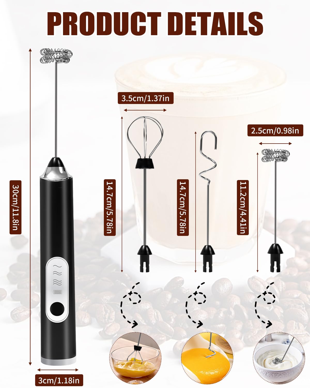 3 In 1 Montalatte Portatile Ricaricabile USB Elettrico Con 3 Velocità Regolabile, Schiumatore Latte Con 3 Frullini per Cappuccino, Caffè, Latte, Uova
