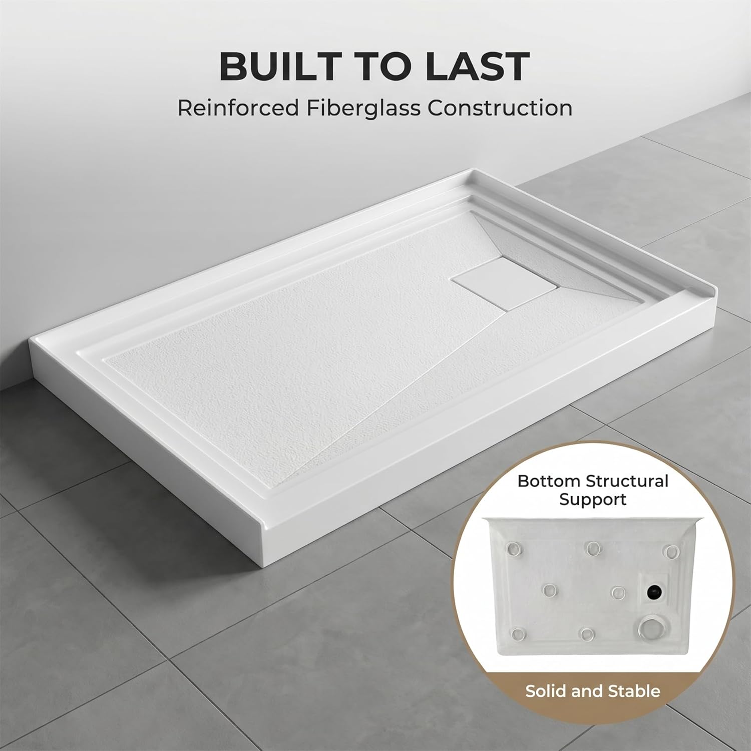 48x32 Inch White Acrylic Shower Base, Right Drain, Non-Slip Textured Surface, Single-Threshold Design for 3-Wall Alcove Installation, Fiberglass Reinforced, Easy Cleaning & Anti-Yellowing