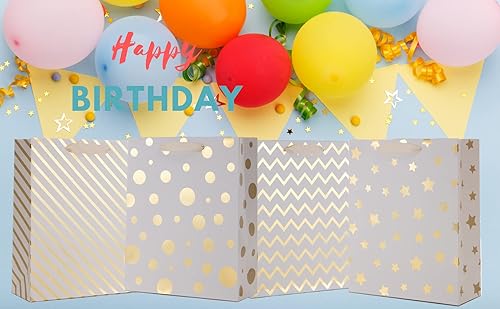 Miniatura 8 de UNIQOOO 12 bolsas de regalo de Navidad doradas metálicas a granel con asa, grandes de 12.5 x 10 pulgadas, bolsas de papel geométrico moderno surtido