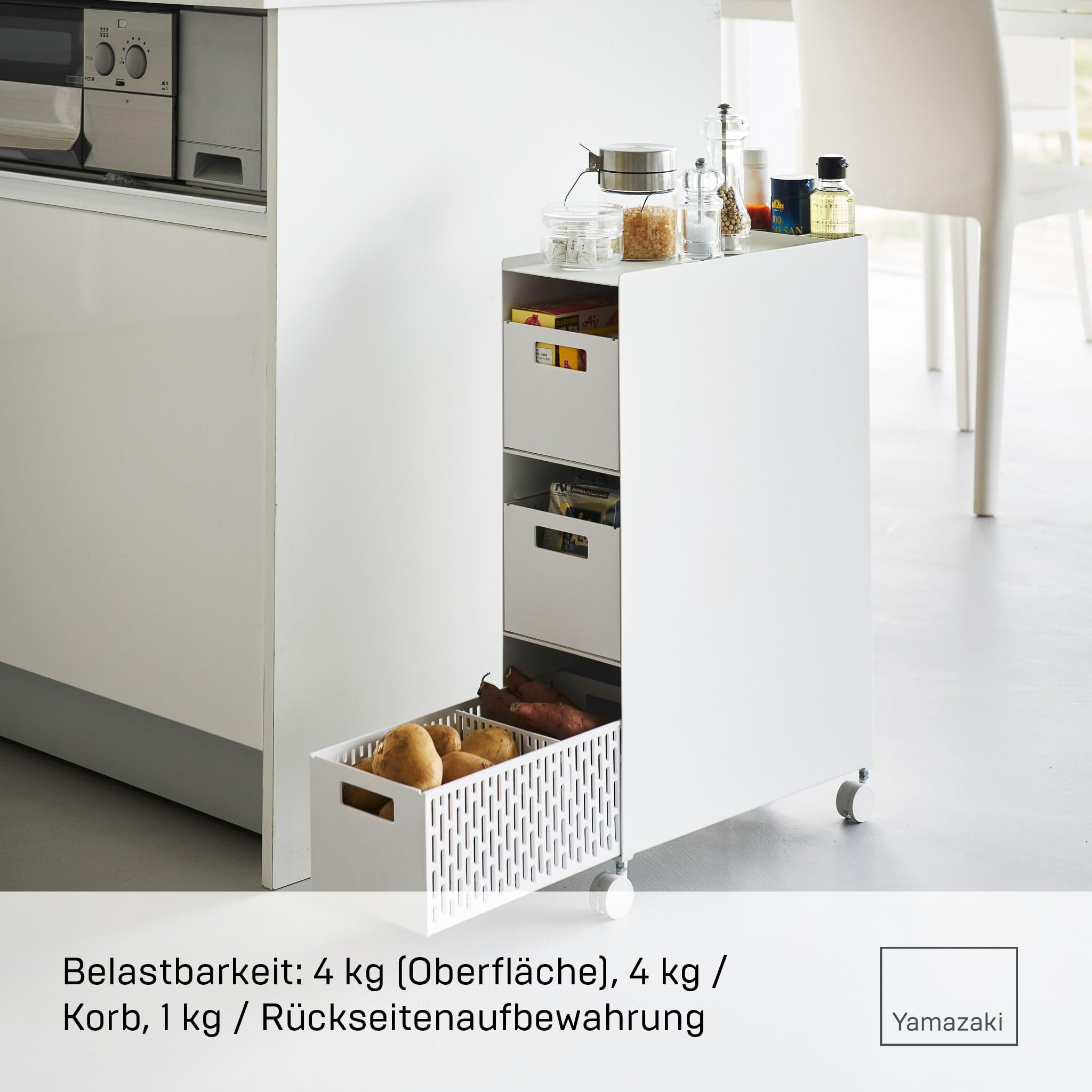 Yamazaki 10015 Tower 3-stöckiges Aufbewahrungsregal mit Körben und Rollen, weiß, Stahl/ABS Harz/Nylon/Silikon, minimalistisch, 16,6 x 43 x 58 cm (L x B x H)