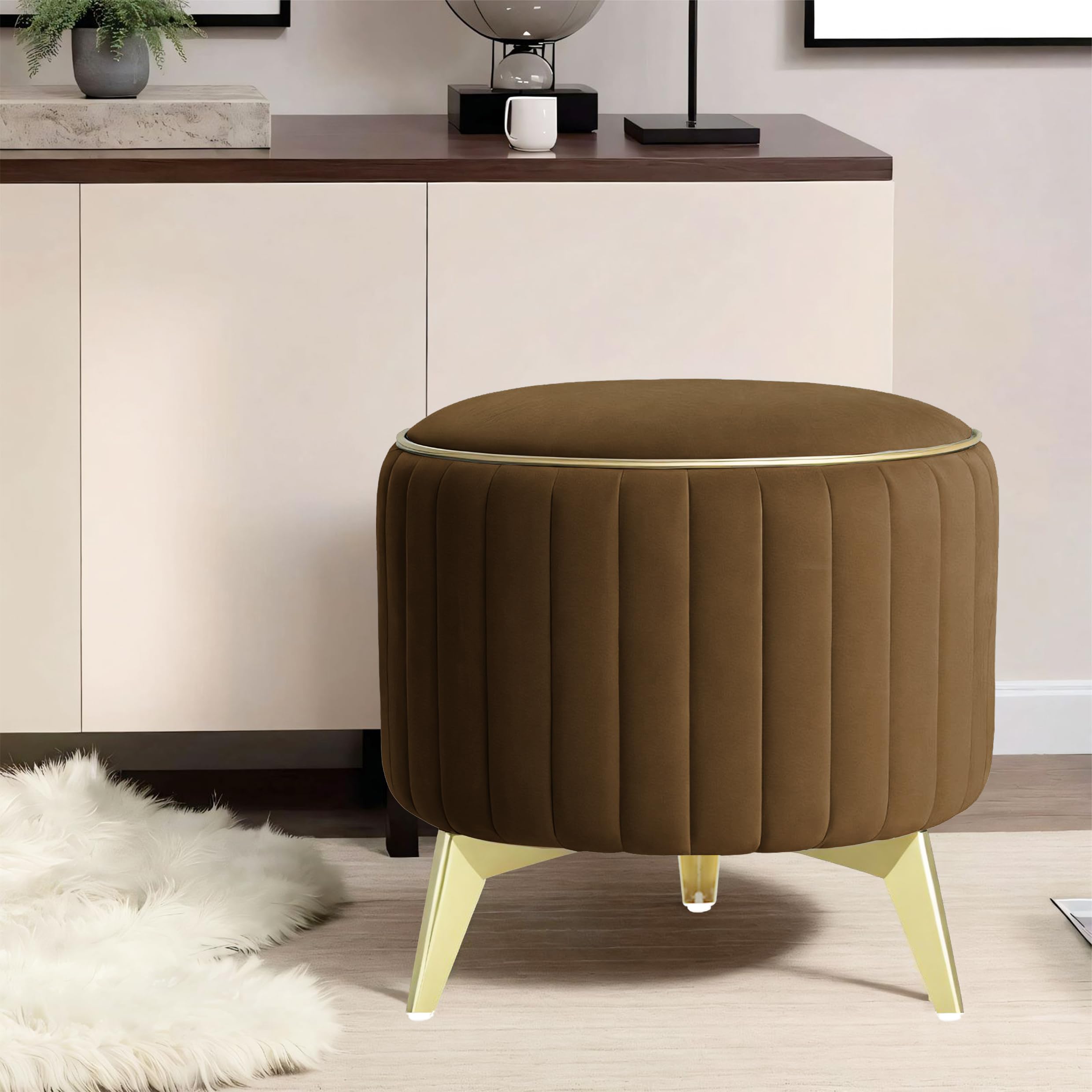 Adorn India Olivia Round 1 Seater Ottoman Pouffe Striped Pattern with Velvet Suede Fabric (Brown)-image-27