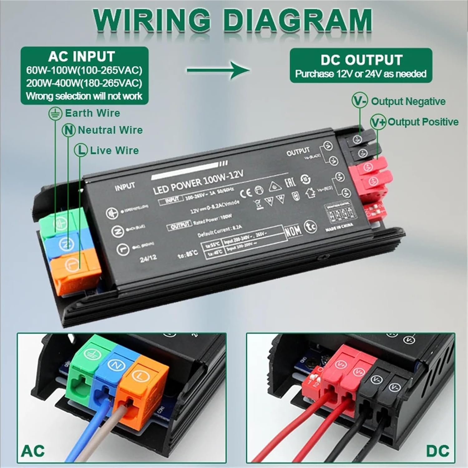 LED Lighting Transformer Ultra-Thin AC100-265V to DC 12V 24V 60W 100W 200W 300W 400W Driver Adjustable Voltage(60W AC100-265V,DC 12V)