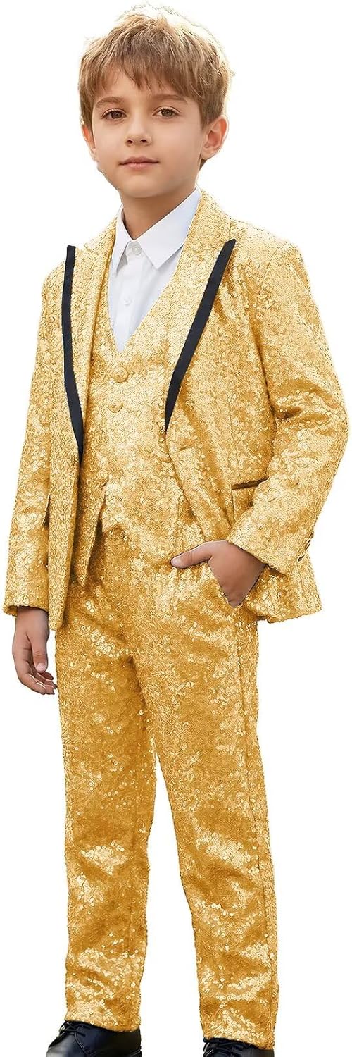 Sequin Suits for Boys 3 Piece Sparkly Peak Lapel Kids Tuxedo Suit Set Wedding Prom Party Blazer Vest Pants