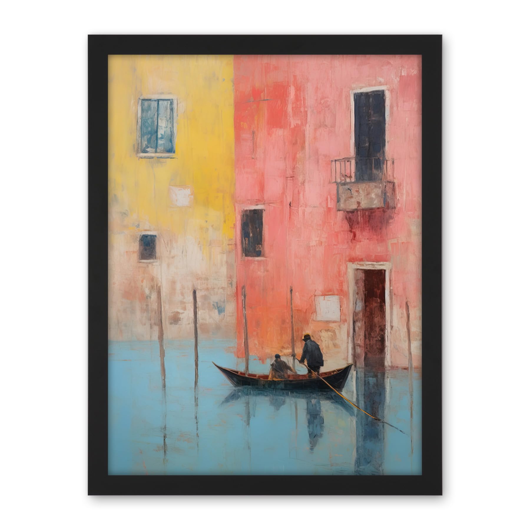 Artery8 Venice Canal Gondola Ride Oil Painting Blue Pink Yellow Pastel Colour Rower Boat on River Artwork Framed Wall Art Print 18X24 Inch