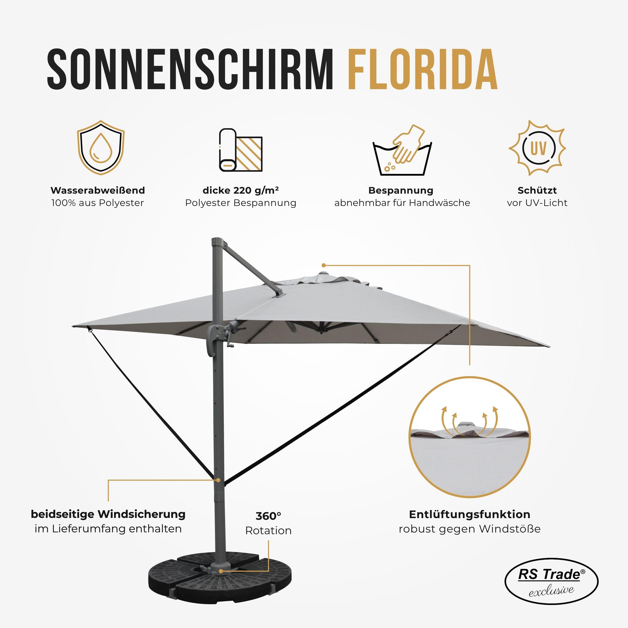 RS Trade Sonnenschirm Ampelschirm 3x4m groß rechteckig, mit Windsicherung, Ständer und Schutzhülle, drehbar neigbar kippbar mit Kurbel, windstabil für Garten Terrasse Balkon Gastronomie, hellgrau