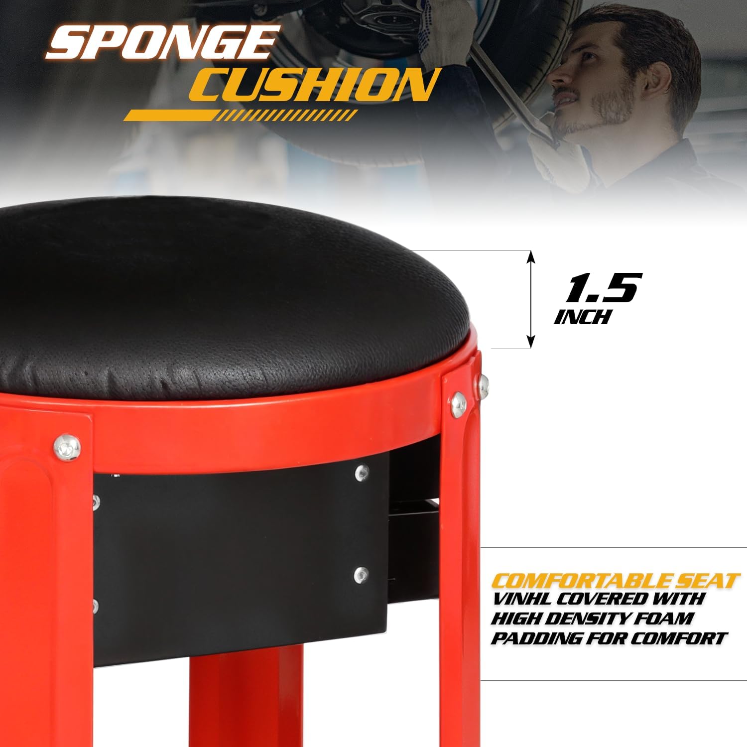 Magshion Rolling Shop Stool for Garage with Built-in Drawer, Tool Storage & Can Holder – 300 lbs Capacity Padded Mechanic Seat with Wheels for Workshop & Auto Repair (Red)