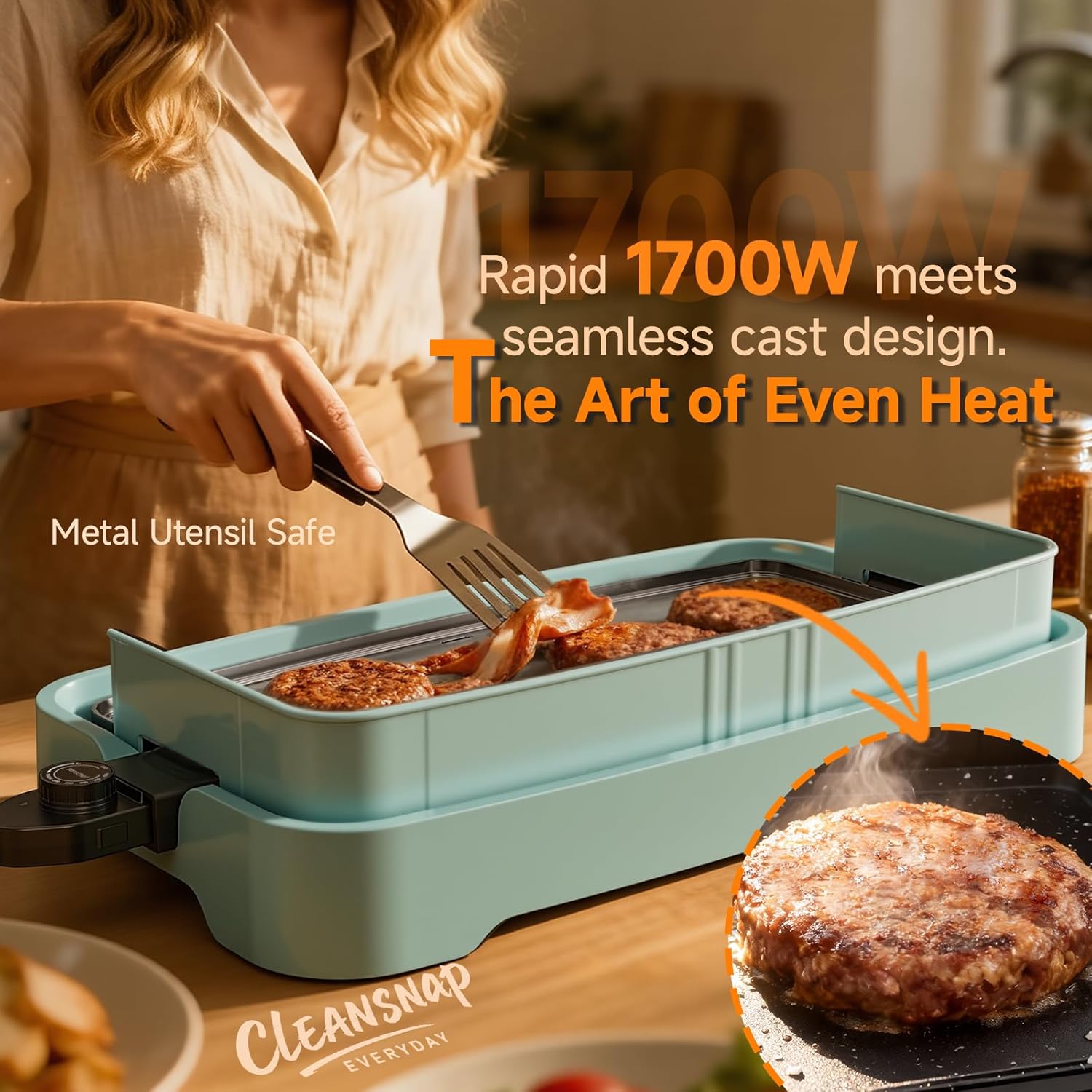 Cleansnap Everyday Electric Griddle,The Ultimate Gift for Family Feasts - 20” Nonstick Grill with Foldable Anti-Mess Shield, Rapid 1700W Heat & PPG Ceramic Coating, Dishwasher Safe, Saga Blue