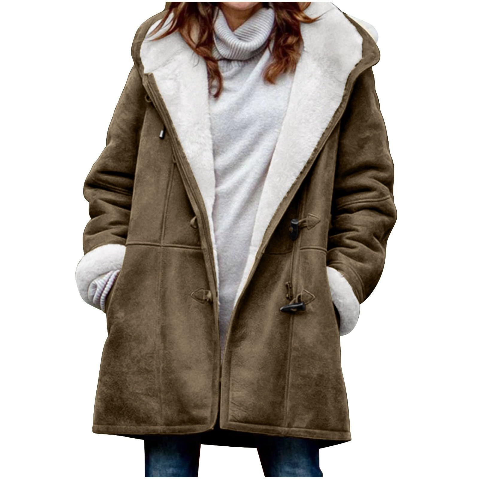 Womens Sherpa Lined Jackets Fashion Winter Fuzzy Fleece Hoodie Sweatshirt Casual Soft Cozy Horn Button Down Coats