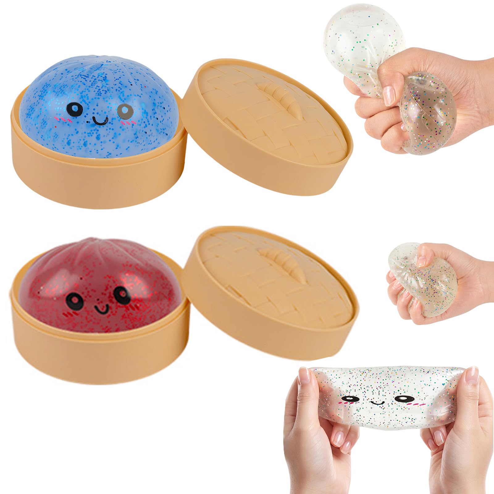 Squishy Glitter Dumpling Set - 2 PCS Bao Bun Squishys with Steamer Box, Squishy Dumpling Toy, Squeezing Fidget Toys, Portable Stress Relief Squeezing Toy for Anxiety Stress Relief (Blue+Red）