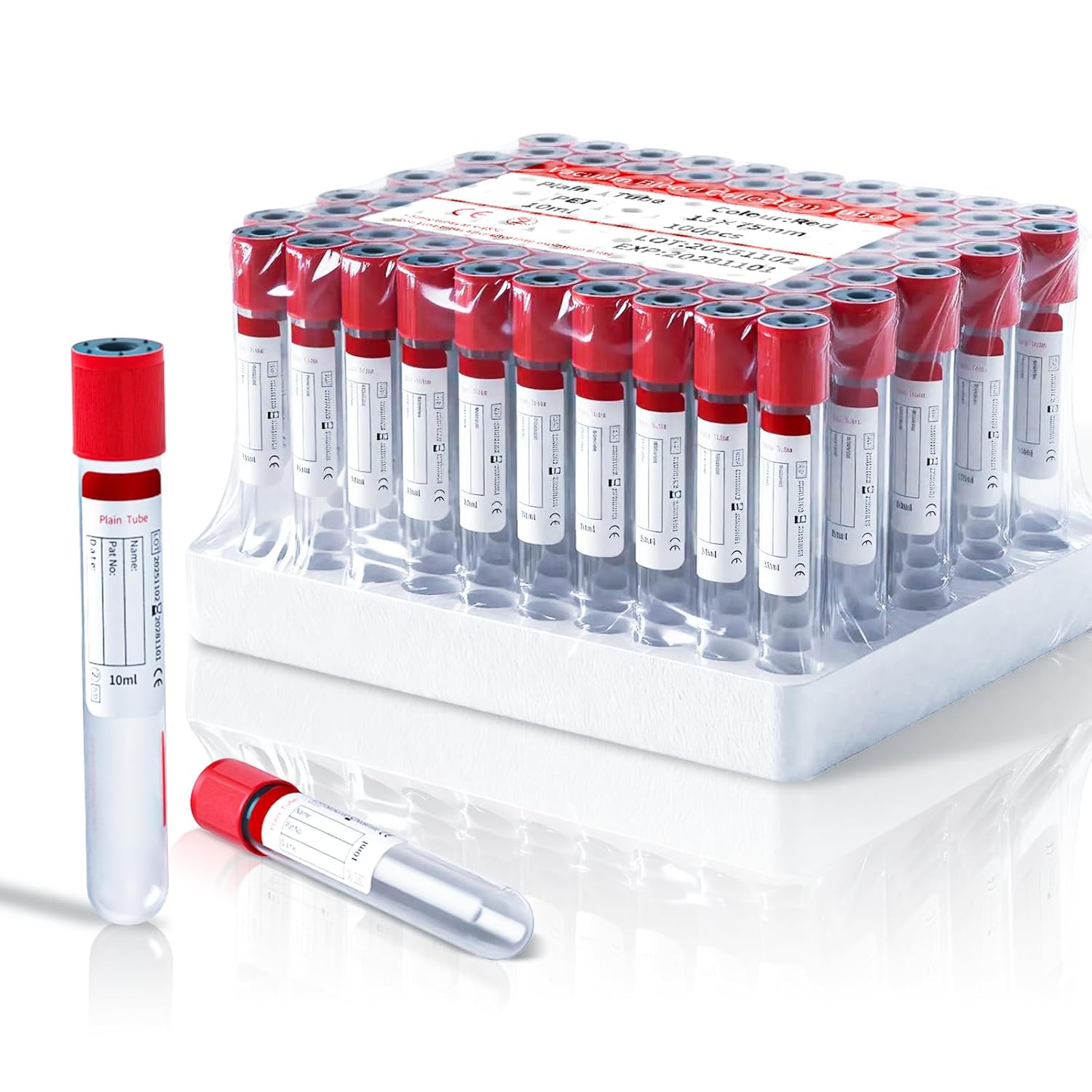 100-Pack 5ml Plain Vacuum Sealed Tube, No Additive, Professional-Grade Vacuum Sealed Specimen Tubes with Red Cap for Laboratory, Pet, Clinical Use, Lab Supplies