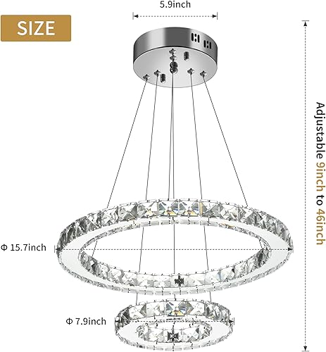 Miniatura 6 de Sunny Hawaii Candelabro LED de cristal, moderna lámpara de techo con 2 anillos para colgar, ajustable, lámpara colgante de acero inoxidable blanco