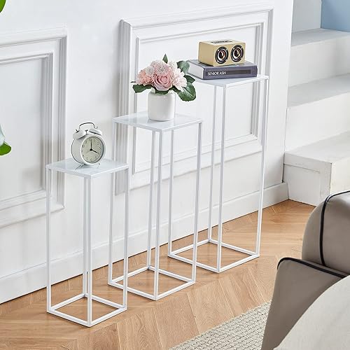Miniatura 3 de Mxfurhawa Juego de 3 soportes de metal para plantas de 2755 pulgadas mesa auxiliar de anidación blanca soporte de flores cuadrado estante de esquina