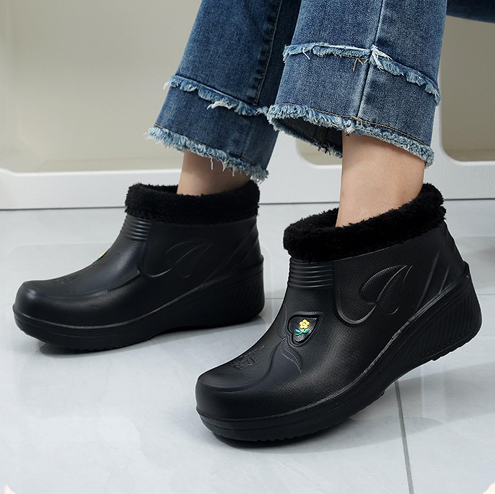 Botas de goma para mujer, forradas, botas de lluvia, botas de goma, antideslizantes, zapatos de lluvia, botas de lluvia, botas de goma cortas, botas de goma impermeables, botines de invierno, botas de