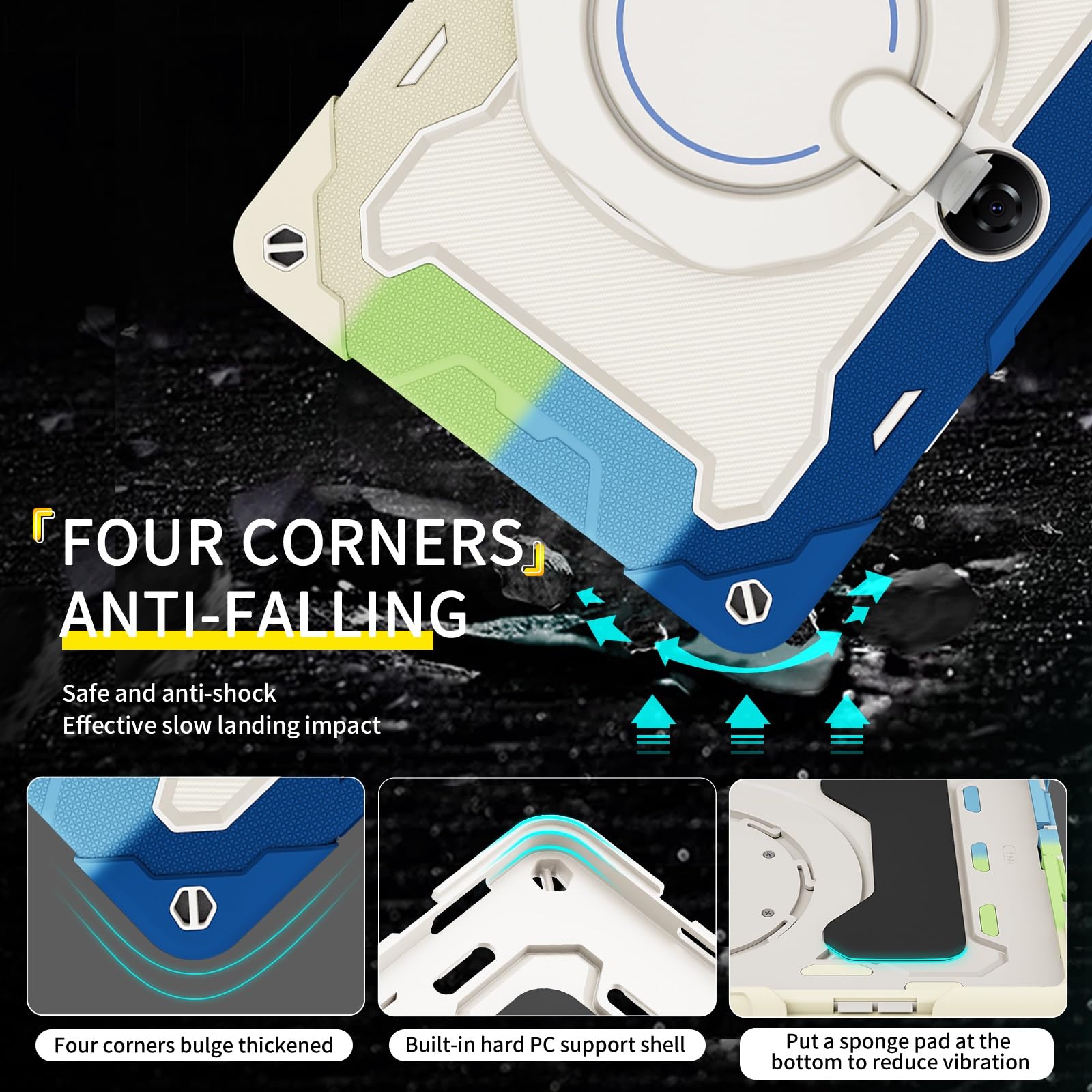 Custodia protettiva resistente per Honor Pad 9 2023 da 12,1 pollici, supporto girevole a 360°, tracolla, portapenne e anello per manico, copertura antiurto, per bambini e adulti (blu bianco)