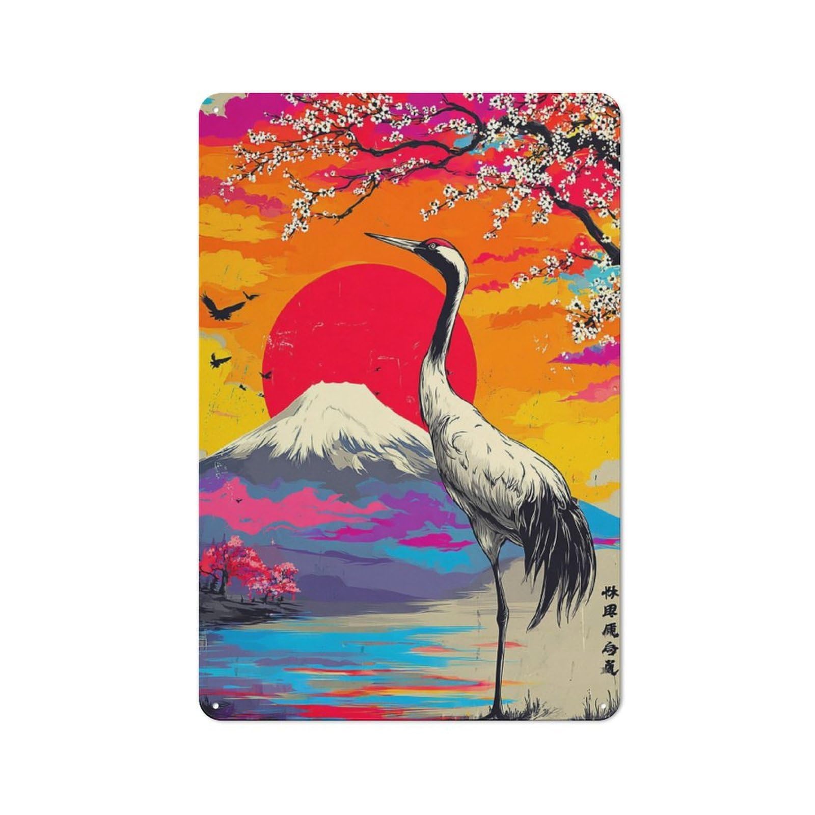 Junmoney Japanese Sunset With Crane And Cherry Blossom S Rustic Tin Wall Plaque 30X20cm For Bar Or Restaurant, For Vintage Wall Decor Fans, For Garage And Workshop Walls