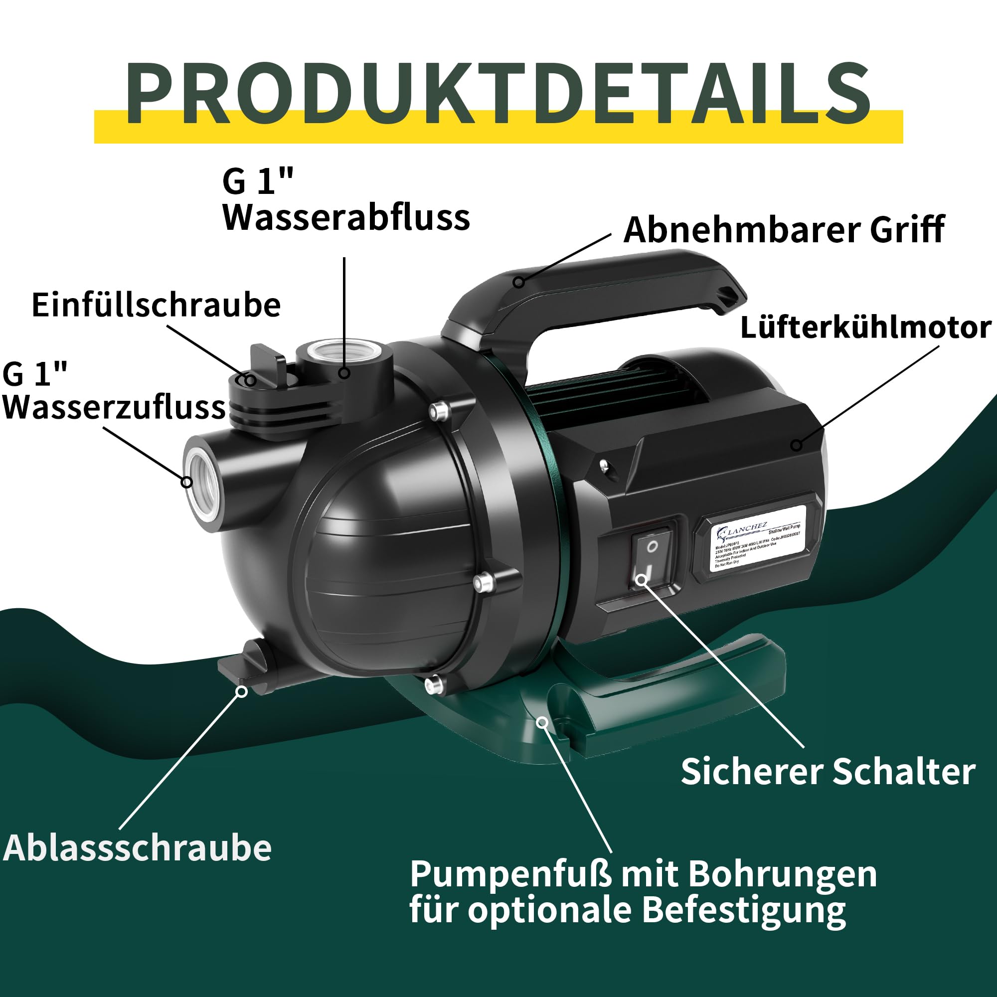 LANCHEZ Gartenpumpe 4600 l/h Fördermenge, Leistung 600 W, 36 m Förderhöhe, Ansaughöhe bis zu 8 m, Tragbarer Griff, Wasserpumpe für Regenfässer, Zisternen, Gartenteiche
