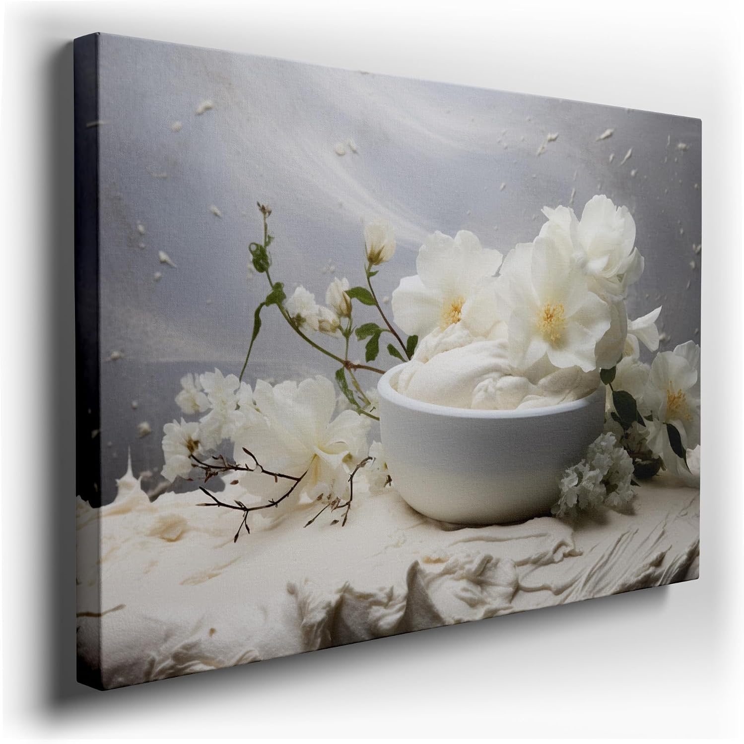 Canvas for Living room. Whispering Whites: A Serene Symphony of Marshmallows and Roses, 27 x 18 inch Canvas Wall Art - Contemporary Masterpieces - Botanical Home Decor