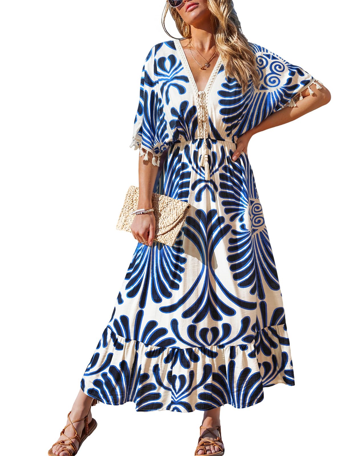 CUPSHE Women Summer Dresses Tassel Tie Front V Neck Batwing Sleeve Smocked Flowy Hawaiian Casual Maxi Dress