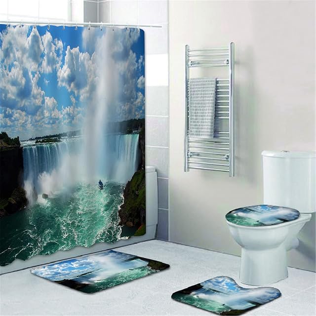 Fgolphd Shower Curtain Waterfall Landscape Format 180 x 200 cm 180 x 180 cm Beach Colourful Bathroom Rug 4-Piece Set Shower Curtains Waterproof (1,200 x 200 cm)