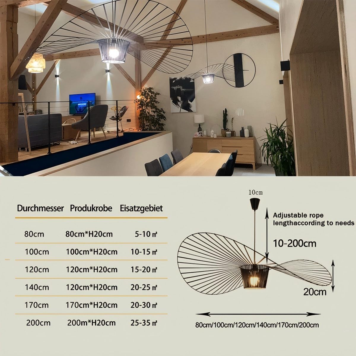 Vertigo Hängeleuchte Schwarz 80cm Hut Form Design, Pendelleuchte Höhenverstellbar, Moderne Lampe für Wohnzimmer, Schlafzimmer, Küche & Loft, E27