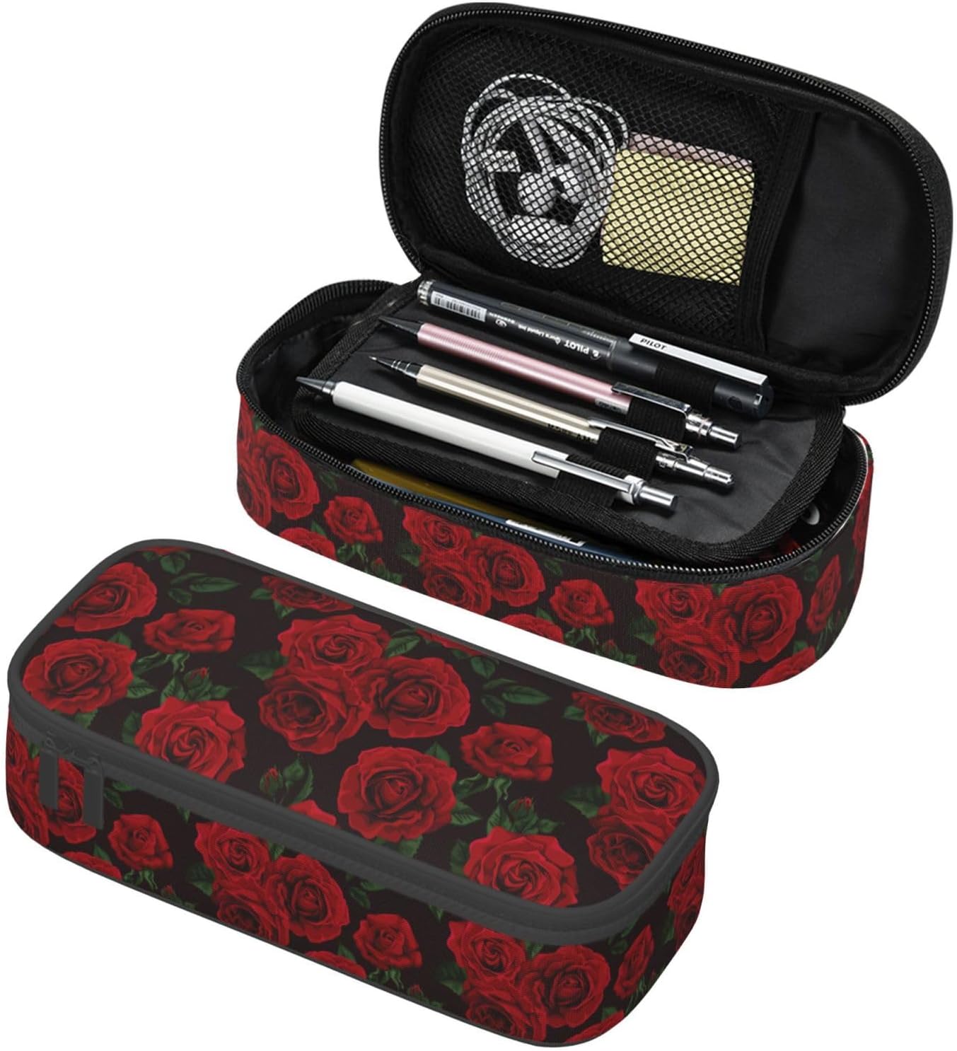 Red And Black Rose Pencil Case Big Capacity Storage Pencil Pouch Stationery Bags With Zipper Portable Pen Holder Box Organizer For Boys Student College School Office Supplies
