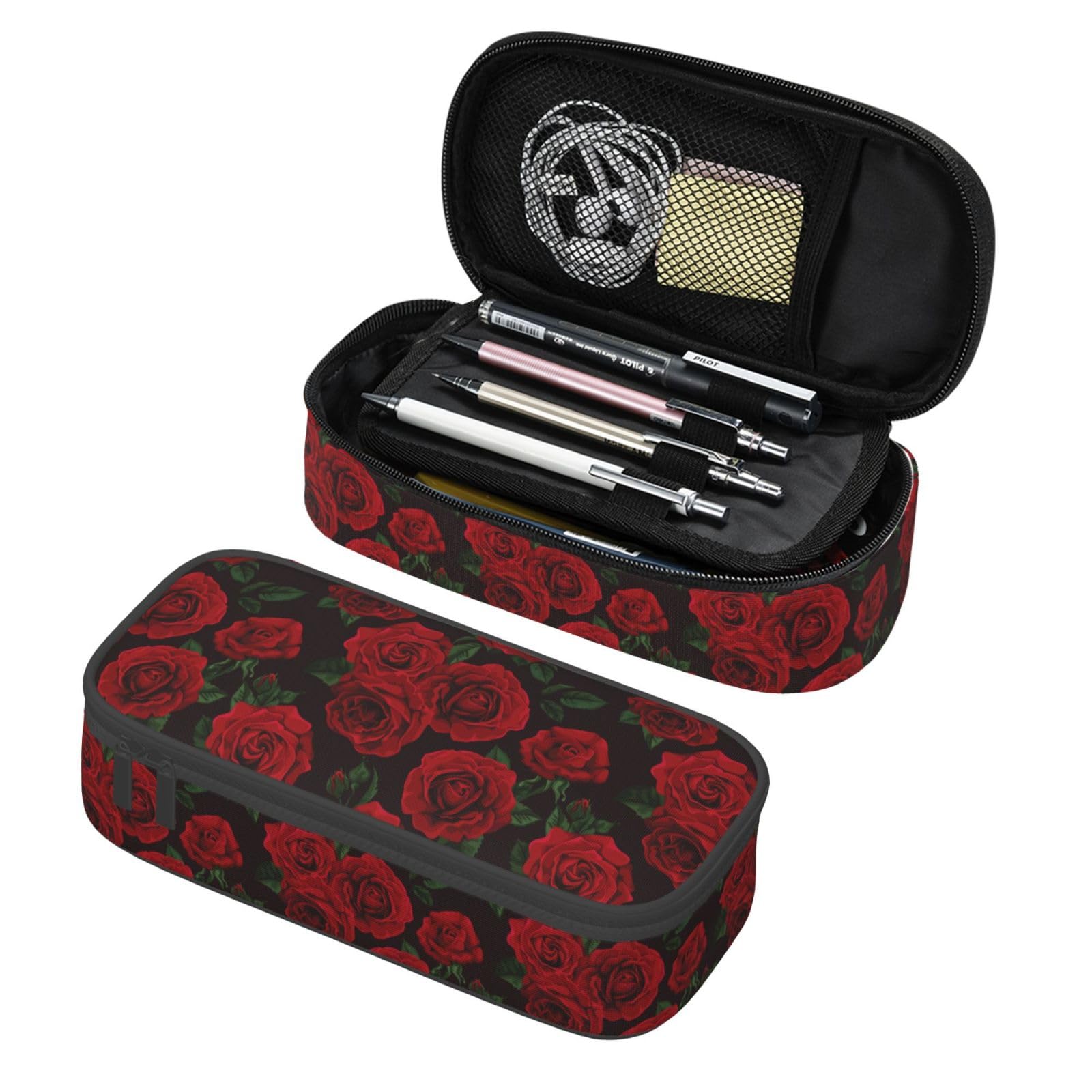 Red And Black Rose Pencil Case Big Capacity Storage Pencil Pouch Stationery Bags With Zipper Portable Pen Holder Box Organizer For Boys Student College School Office Supplies