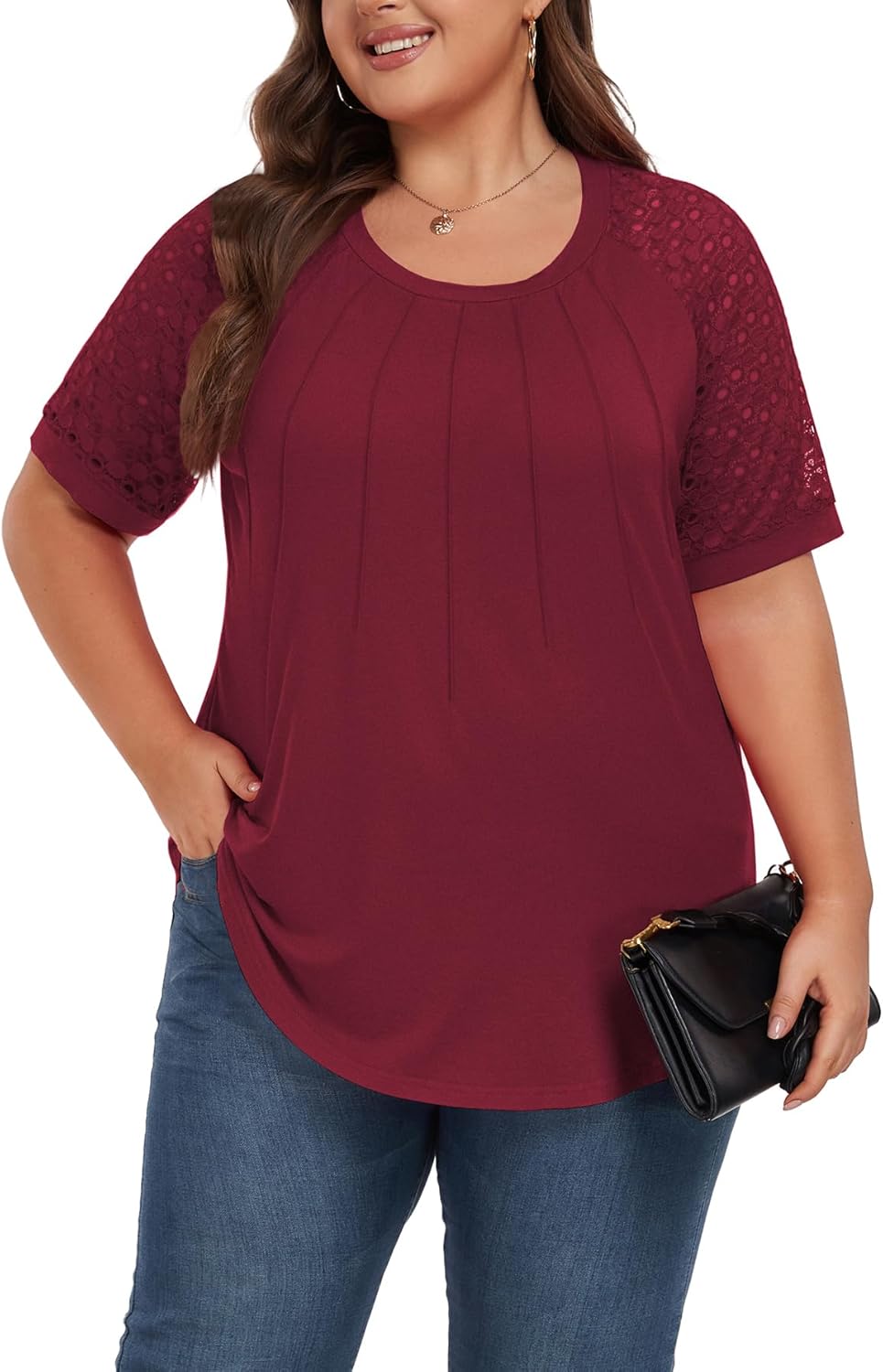 Women's Plus Size Lace Shirt Short Sleeve Round Neck Tops Basic Ladies Loose Fit T Shirt - Image 2