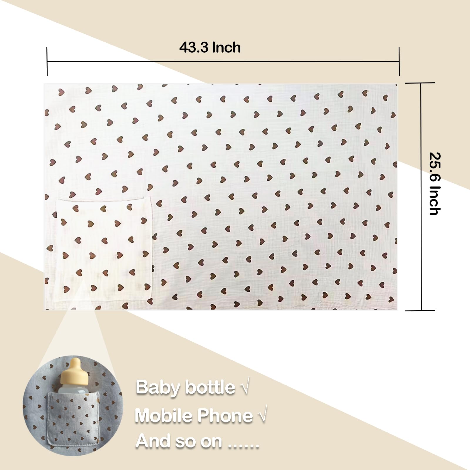 Cubierta de lactancia de muselina para lactancia, transpirable, con cuello de arco para mujer, lavable a máquina y apta para secadora, 43.3 x 25.6 pulgadas (corazón marrón)