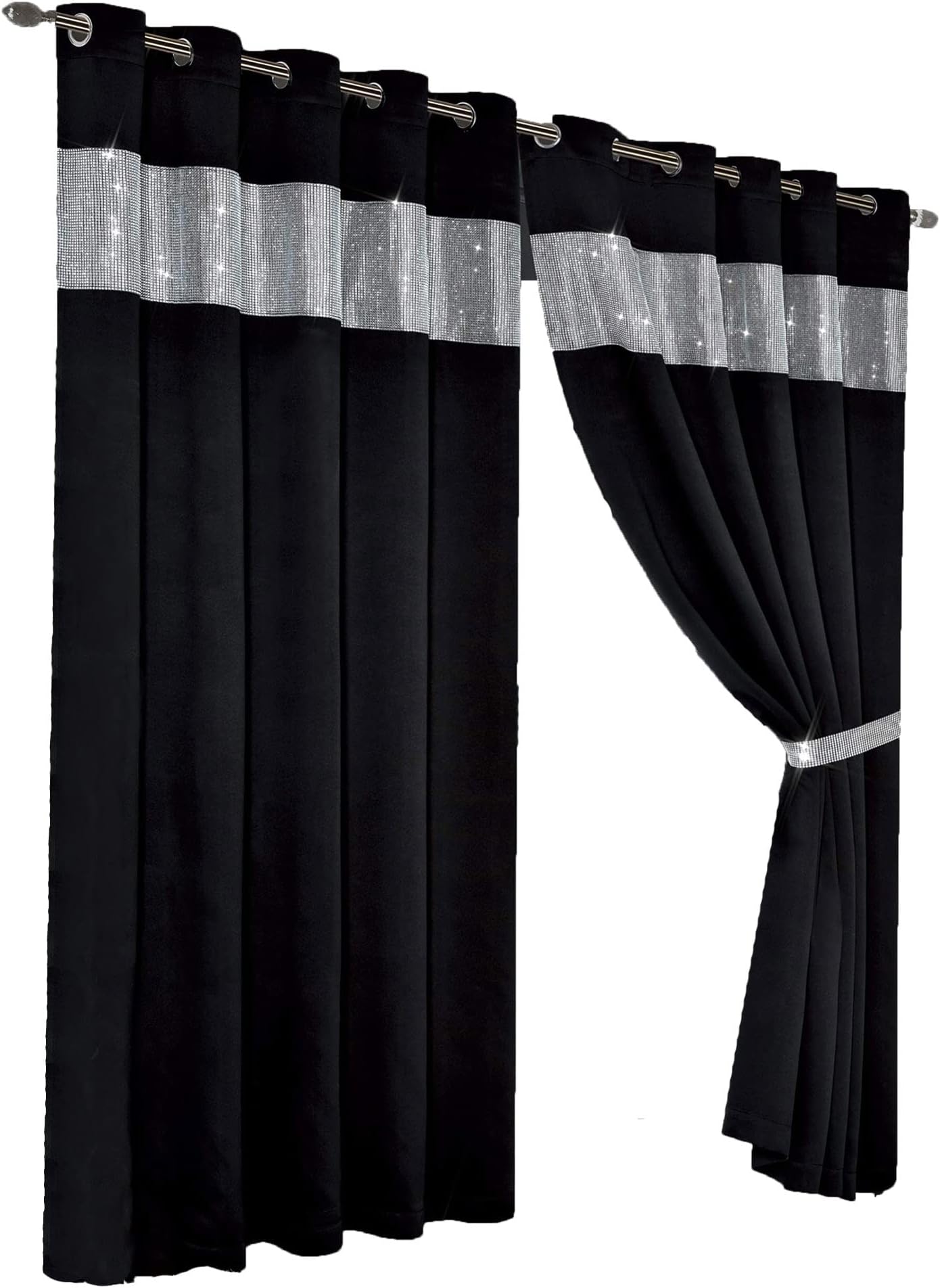 Olivia Rocco Diamante Blackout Eyelet Curtains With Tie Backs Black Out