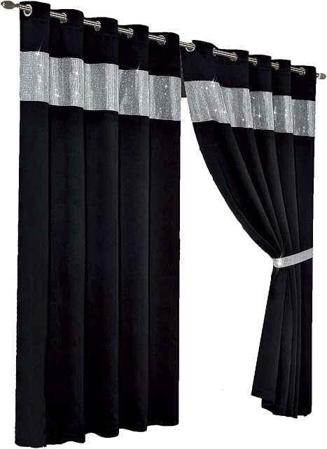 Olivia Rocco Diamante Blackout Eyelet Curtains With Tie Backs Black Out Thermal Ring Top Curtain Pair Window Dressing, 66" (Width) x 54" (Drop) Black