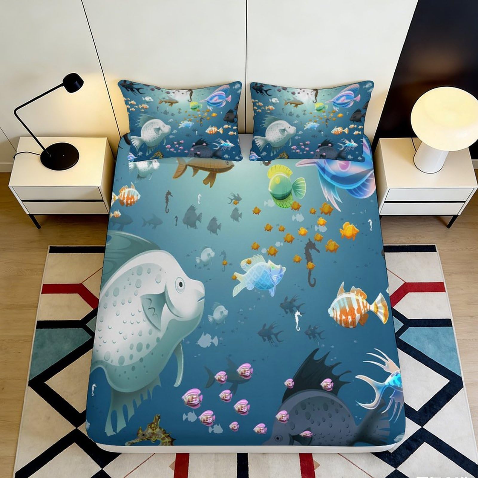 3D Printed Underwater Ocean Fitted Sheet Microfiber Soft Breathable Marine Life Bed Cover for Bedroom Dorm Mattress Protection Decor 90x200x25cm