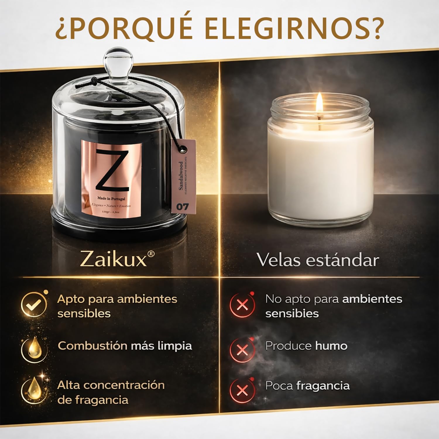 Velas Aromáticas de Soja y Fragancias IFRA | Regalos Originales para Mujer Hechas en Europa | Velas Decorativas para Ritual de Calma y Autocuidado Zaikux® (Sándalo)