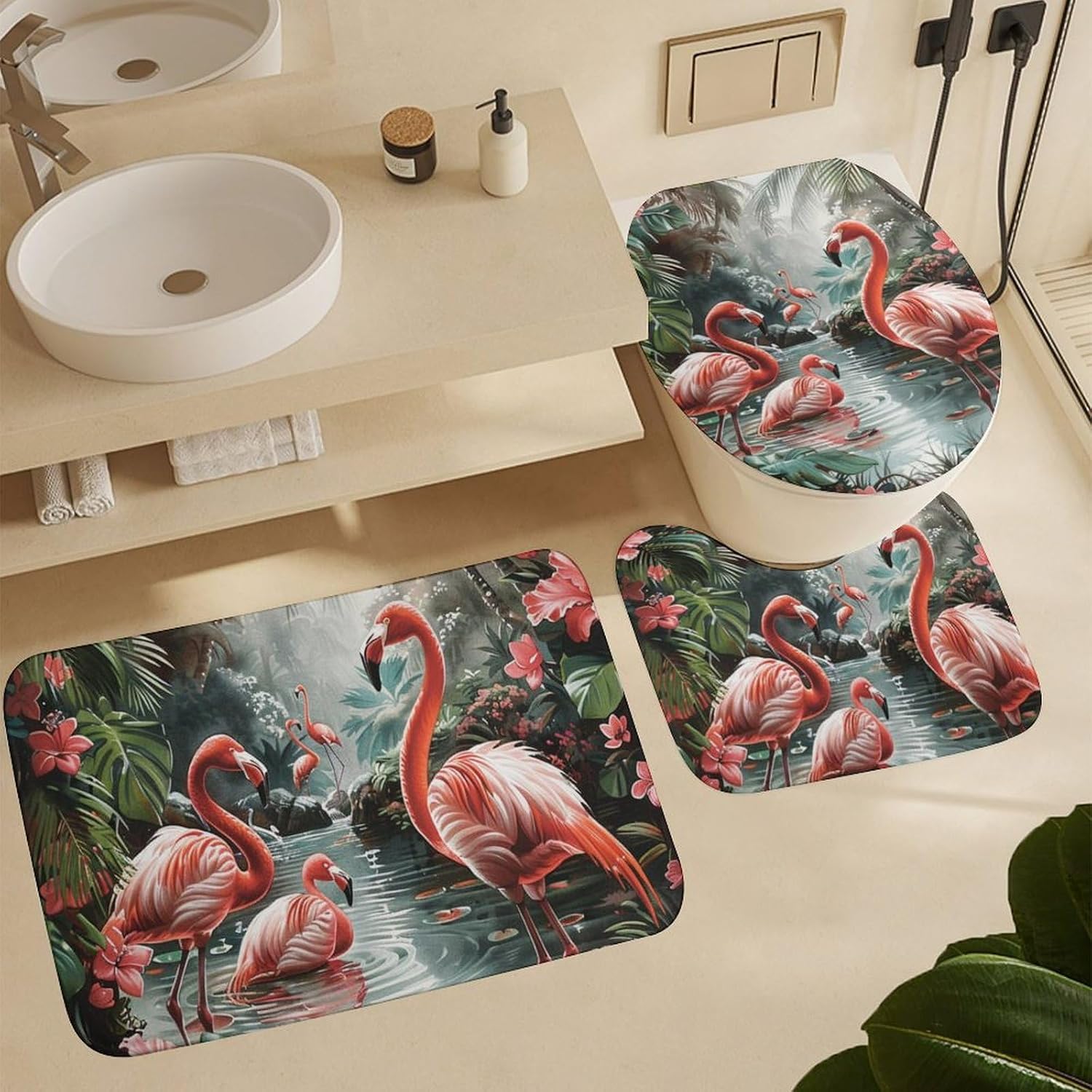 4Pcs Flamingos Floral Fantasy Shower Curtain Sets with Rugs, Toilet Lid Cover and Bath Mat, Stream Palm Tree Leaf Bathroom Shower Curtains Set with 12 Hooks