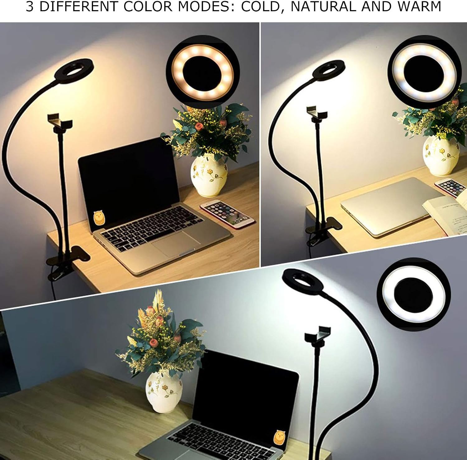 2 in 1 LED Selfie Ring Light with Cell Phone Holder Adjustable Desk Lamp for Live Stream Office,Selfie Ring Light with Cell Phone Holder Stand,Desk Lamp for Bedroom, Office, Kitchen, Bathroom, Se