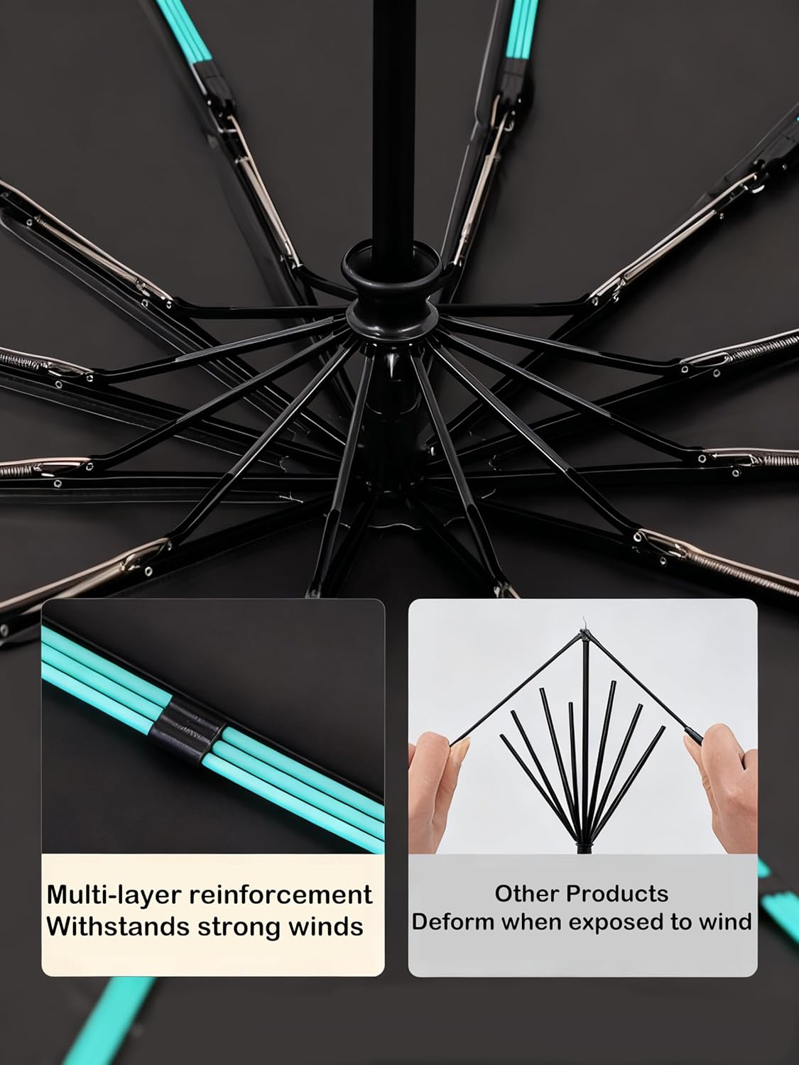 10-Shaft & 50-Rib Reinforced Windproof Umbrella, Automatic Open/Close with Carabiner Handle, Heavy-Duty Storm Resistant Umbrella for Rain and Wind, Compact Travel - Image 4