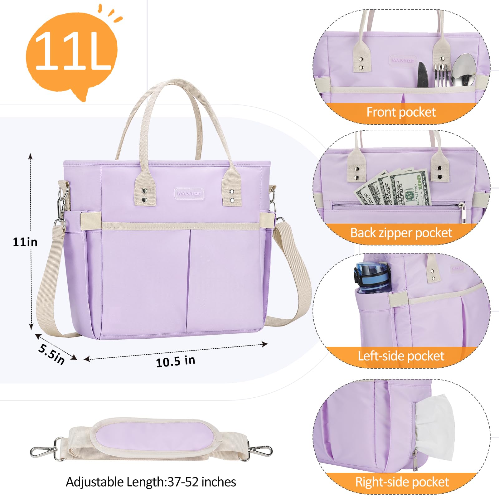 MAXTOP Sac à déjeuner isotherme pour femme avec poche large ouverte, réutilisable, étanche, avec bandoulière amovible pour enseignant, infirmière, bureau, pique-nique, voyage, violet