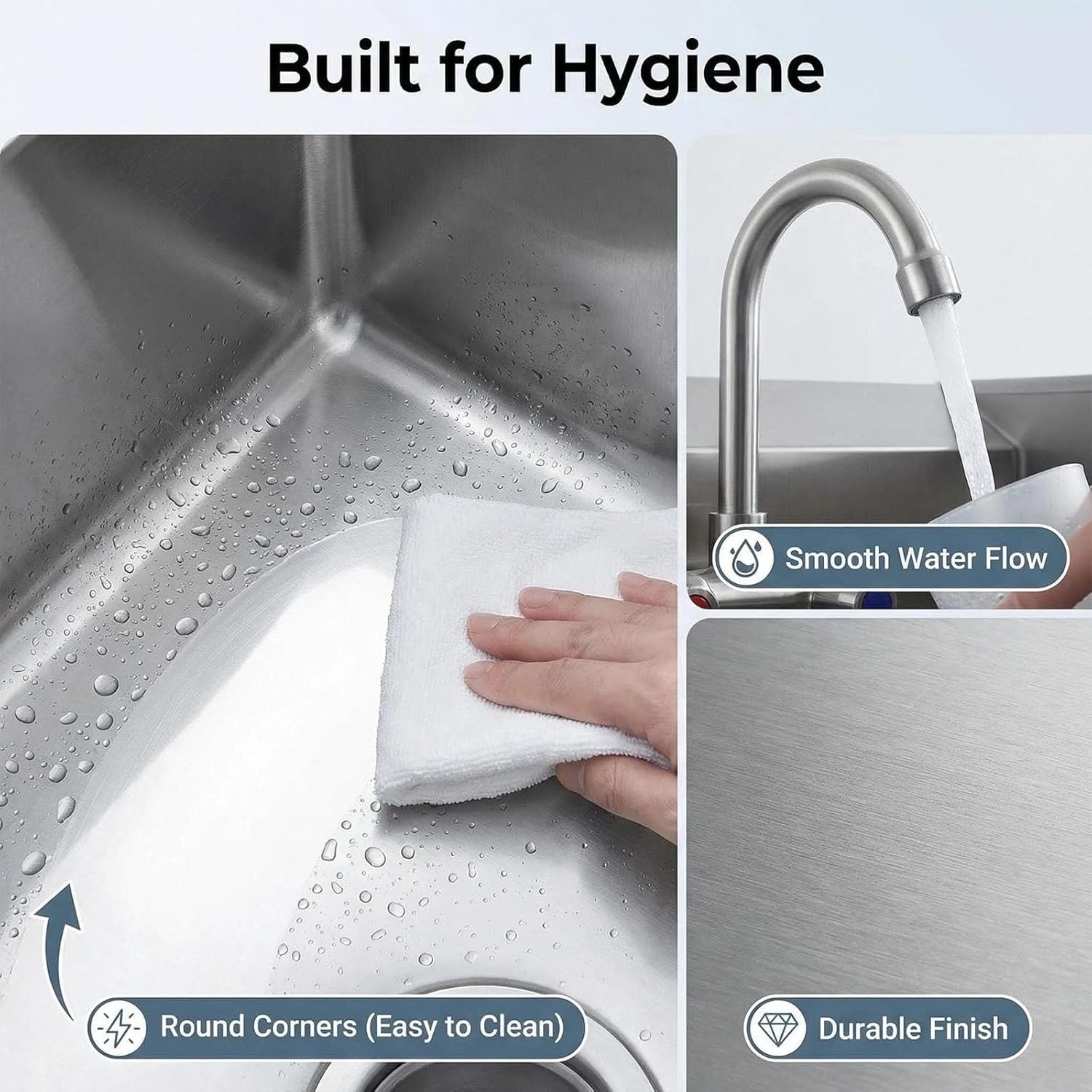 Commercial Hand Sink Stainless Steel, Wall Mount or Drop-in Utility Sink with Swivel Faucet, 3-Side Backsplash & Drain Kit, Small Hand Wash Sink for Restaurant Kitchen Bar Garage