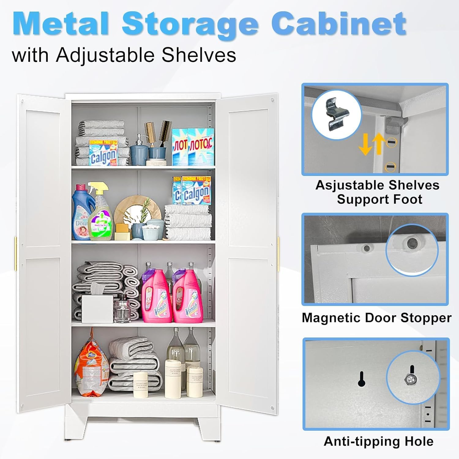 erosoei 61.02”H Pantry Storage Cabinet, Kitchen Storage Cabinets with Adjustable Feet and Shelves, Metal Pantry Cabinet for Kitchen, Living Room, Laundry Room and Dinning Room (2door-White)
