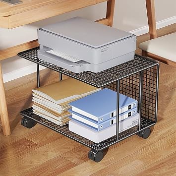 Rolling Printer Stand with Storage Rack, Heavy Duty 2-Tier Metal Printer Shelf for Desk, Perfect for Printers, Scanners, and Heat Press Machines,Black,18.8x14.9x14.5in