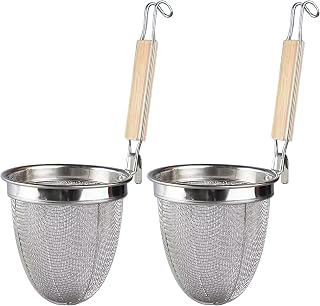 2Pcs Pasta Basket Stainless Steel Fine Mesh Noodle Strainer with Wood Handle and Pot Hook Pasta Basket for Boiling Dumplings Vegetables Blanching Food Cooking Kitchen Tools