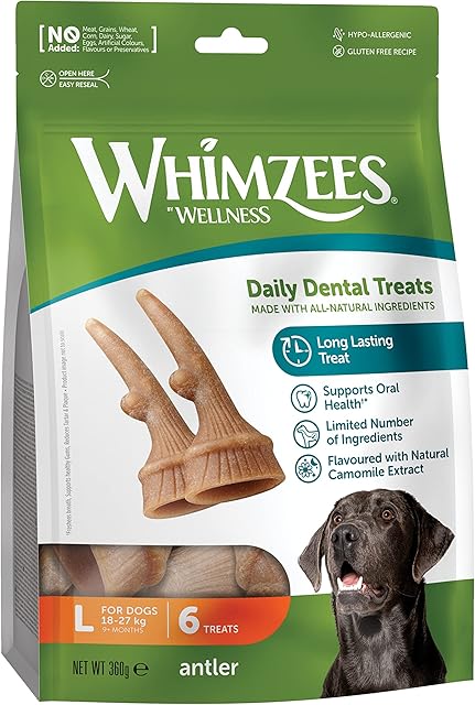 WHIMZEES Antler, Occupying Dental Treat with Calming Effects for Large Dogs (18-27kg), All-Natural, Grain-Free, 6 pieces