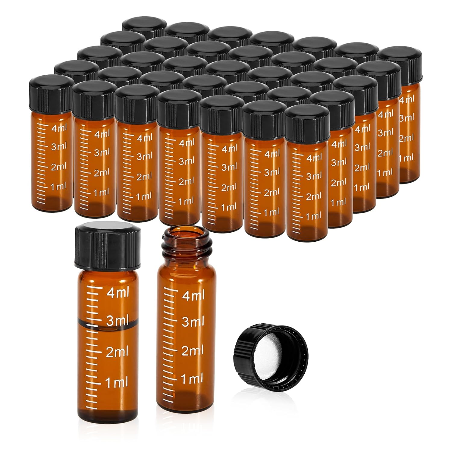 FOUR E'S SCIENTIFIC 1 Dram Glass Vials, 4ml Clear Graduated Vials 100 Pack | Borosilicate Glass Sample Bottles, Clear White Graduations, Plastic Screw Caps, for Liquid Powder Storage