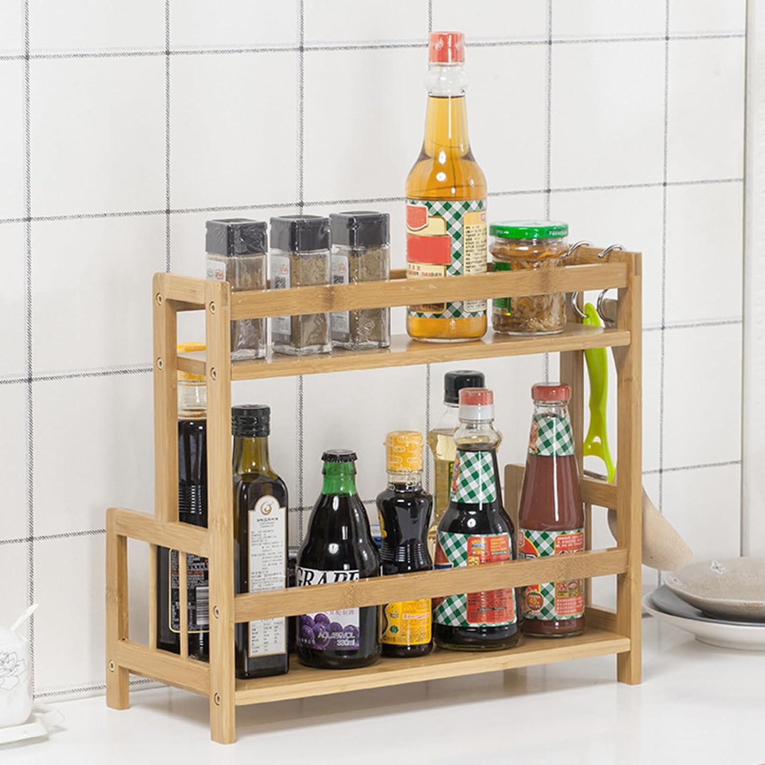 2-tier Spice Rack Seasoning Can Container Organizer Kitchen and Bathroom Storage Shelf Multifunctional Countertop Holder for Pantry and Office