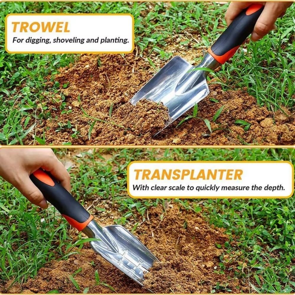 Set di attrezzi da giardino, 8 pezzi, kit di attrezzi da giardino resistente, con utensili manuali per esterni, guanti da giardino e borsa portaoggetti, attrezzi da giardinaggio, regalo per donne e