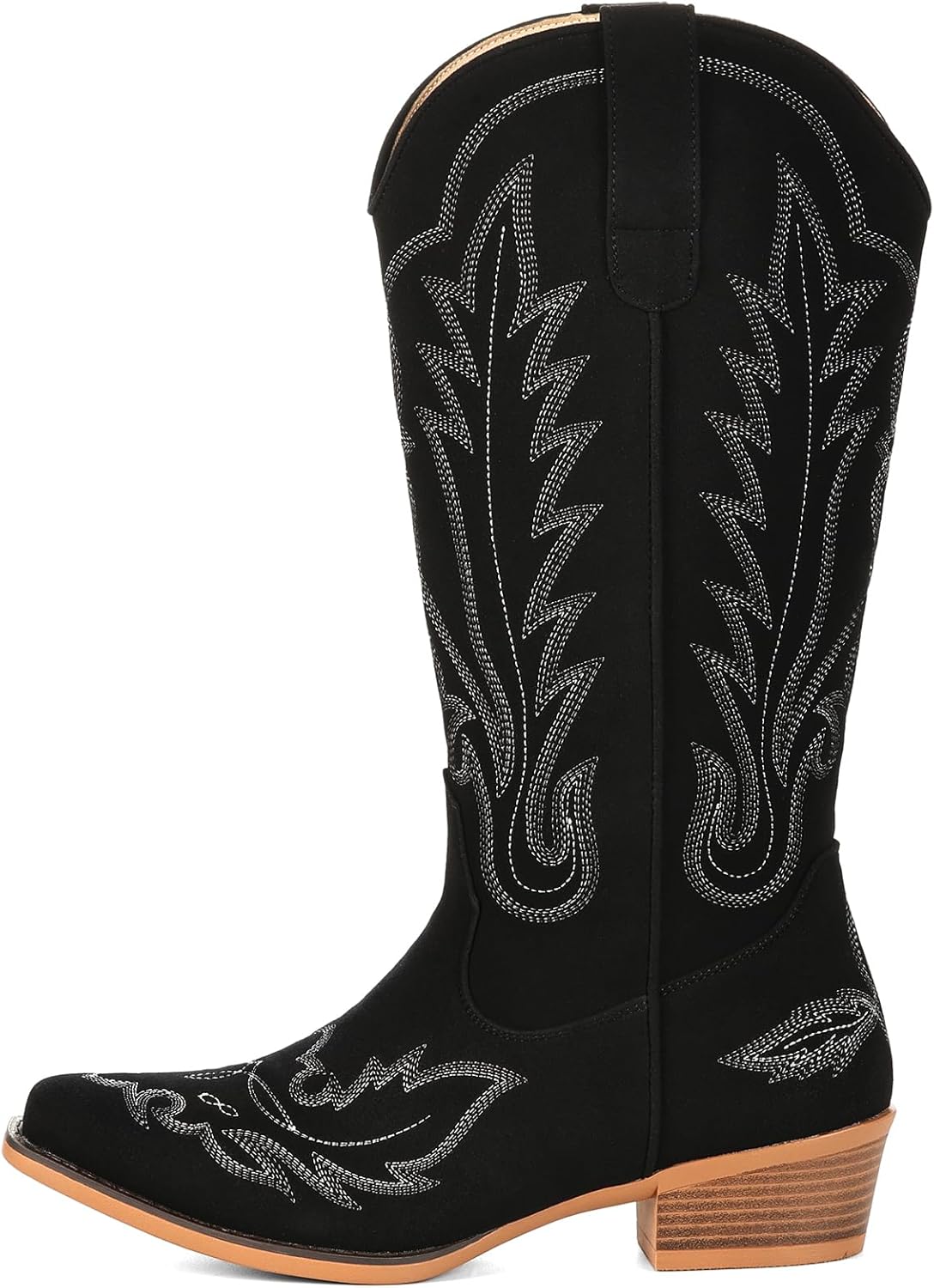 Cowboy Boots for Women Suede Split Leather Mid Calf Cowgirl Western Boots Classic Embroidered Retro Snip Toe Chunky Heel Pull On